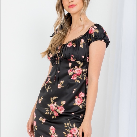 NWOT Black Floral Print Dress With Matching Bandana - Picture 3 of 6